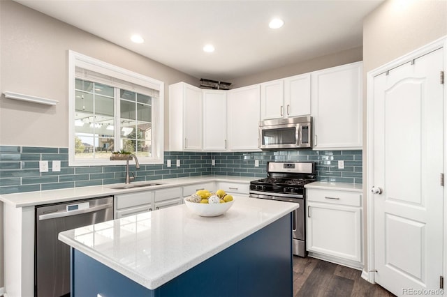 2881 Black Canyon Way, Castle Rock, CO 80109 - kitchen featuring stainless steel appliances, light countertops, a sink, decorative backsplash, and dark wood-style flooring
