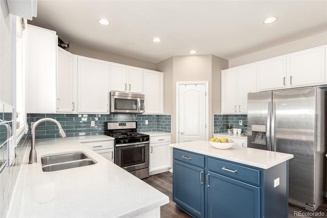 2881 Black Canyon Way, Castle Rock, CO 80109 - kitchen with white cabinets, stainless steel appliances, light countertops, a sink, and blue cabinetry