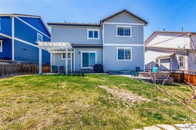 2881 Black Canyon Way, Castle Rock, CO 80109 - rear view of house featuring a fenced backyard, a pergola, a patio area, and a lawn