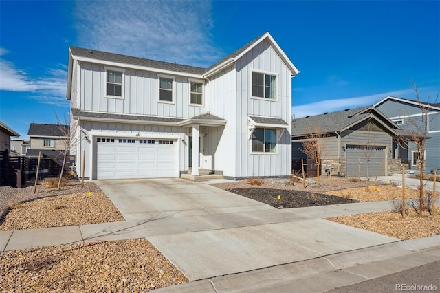 modern farmhouse style home with an attached garage, roof with shingles, board and batten siding, and concrete driveway