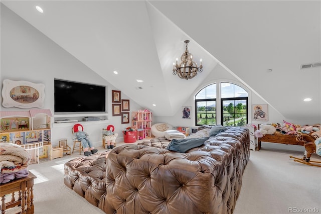 15355 Zuni St, Broomfield, CO 80023 - living area with carpet floors, vaulted ceiling, a chandelier, and recessed lighting