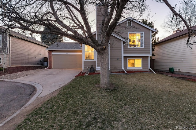 9333 Cattail Ct, Highlands Ranch, CO 80126 - view of front facade featuring concrete driveway, a chimney, a garage, and a front yard