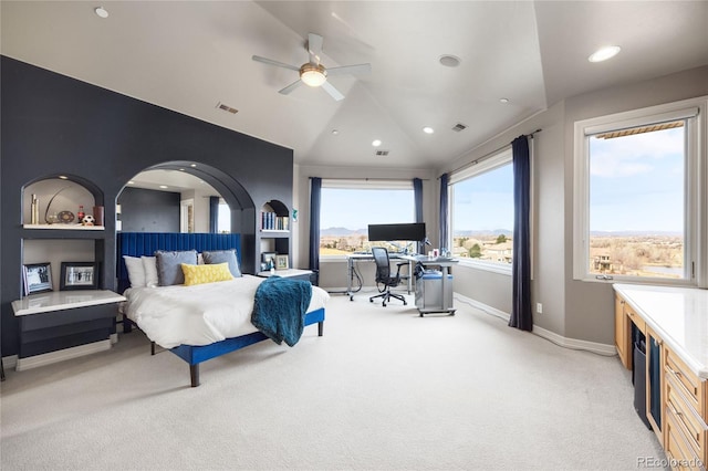 2421 Ranch Reserve Rdg, Denver, CO 80234 - bedroom with light colored carpet, a desk, vaulted ceiling, recessed lighting, and ceiling fan
