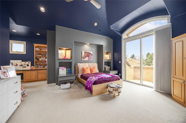 2421 Ranch Reserve Rdg, Denver, CO 80234 - bedroom featuring light carpet, access to outside, recessed lighting, and lofted ceiling