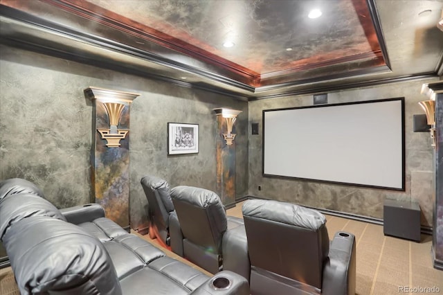2421 Ranch Reserve Rdg, Denver, CO 80234 - carpeted cinema room with a raised ceiling, ornamental molding, and recessed lighting