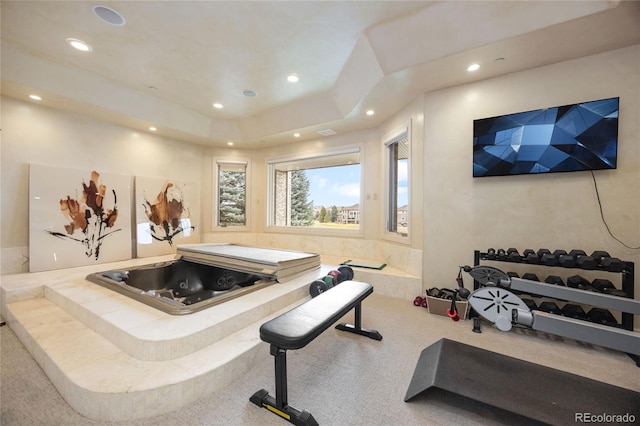 2421 Ranch Reserve Rdg, Denver, CO 80234 - workout area featuring recessed lighting, carpet, and a raised ceiling