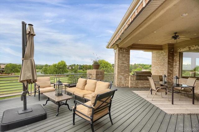 2421 Ranch Reserve Rdg, Denver, CO 80234 - wooden deck featuring a ceiling fan, an outdoor hangout area, and a grill