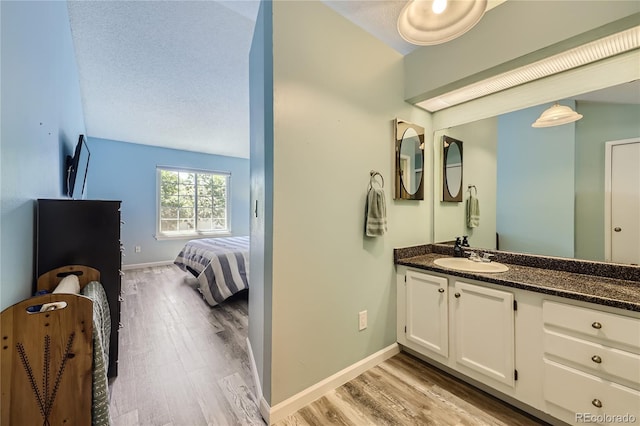 7370 E Florida Ave Unit 1020, Denver, CO 80231 - ensuite bathroom with wood finished floors, vanity, baseboards, and a textured ceiling