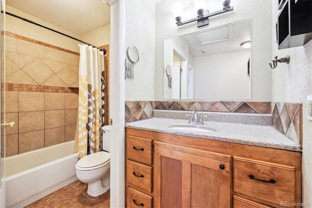 full bathroom featuring toilet, shower / bath combination with curtain, tile patterned flooring, and vanity