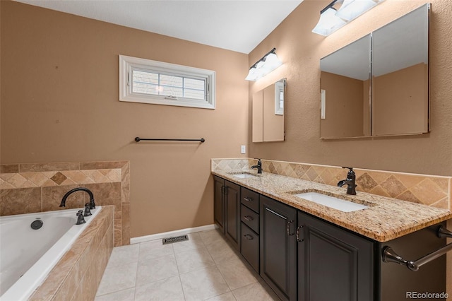 full bathroom with double vanity, visible vents, a sink, and a bath