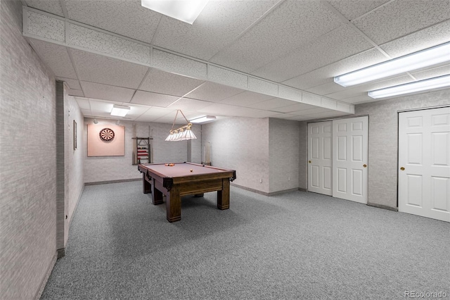 playroom featuring baseboards, billiards, a paneled ceiling, and carpet