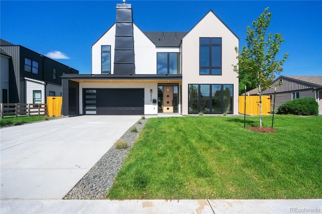 view of front of property with a garage and a front lawn