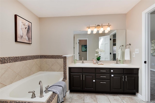 full bathroom with a sink, a garden tub, and double vanity