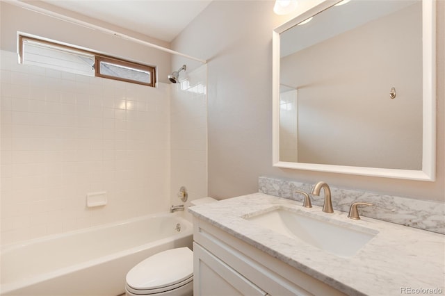 full bath with shower / bath combination, toilet, and vanity