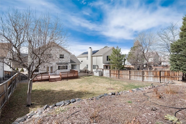 view of yard with a wooden deck and a fenced backyard