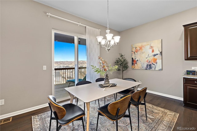 dining space with visible vents, baseboards, and dark wood-style flooring