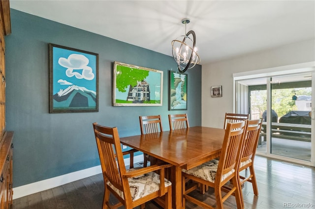 3040 S Dexter Way, Denver, CO 80222 - dining room featuring wood finished floors, a chandelier, and baseboards