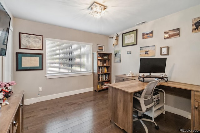 3040 S Dexter Way, Denver, CO 80222 - office space featuring baseboards, dark wood finished floors, and a chandelier