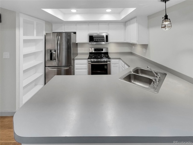 kitchen with appliances with stainless steel finishes, pendant lighting, sink, white cabinets, and a raised ceiling