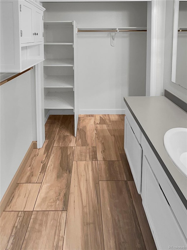 spacious closet featuring sink and light hardwood / wood-style flooring