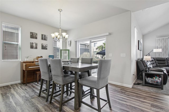 dining room with a chandelier, a wealth of natural light, and wood finished floors
