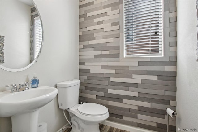 bathroom with toilet, a sink, and wood finished floors