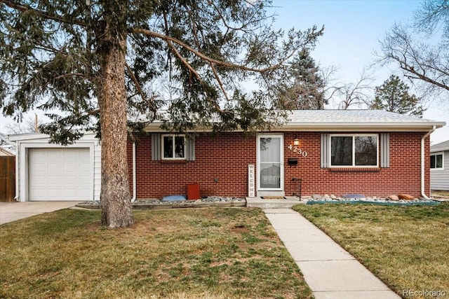 single story home featuring brick siding, driveway, a front lawn, and a garage