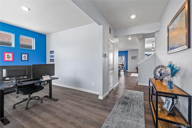 2144 Rosette Ln, Castle Rock, CO 80104 - office space featuring dark wood-style floors, baseboards, and recessed lighting