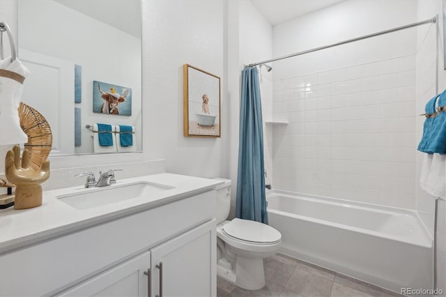 full bathroom with toilet, shower / bath combo, tile patterned flooring, and vanity