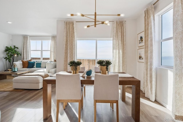 dining room with hardwood / wood-style floors and a chandelier