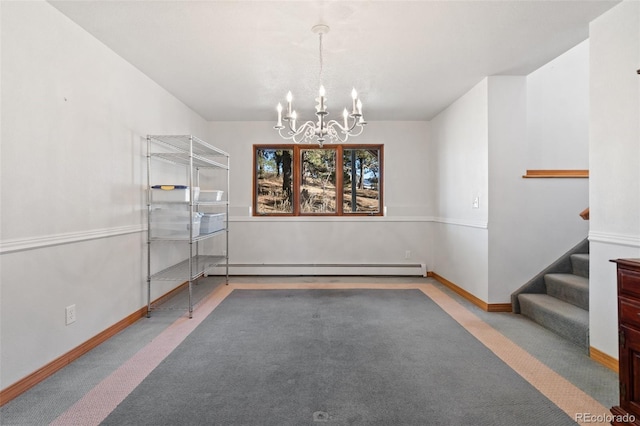 empty room with baseboard heating, light colored carpet, and an inviting chandelier