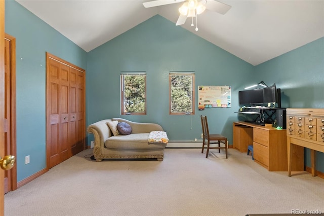 living area with ceiling fan, light colored carpet, baseboard heating, and vaulted ceiling