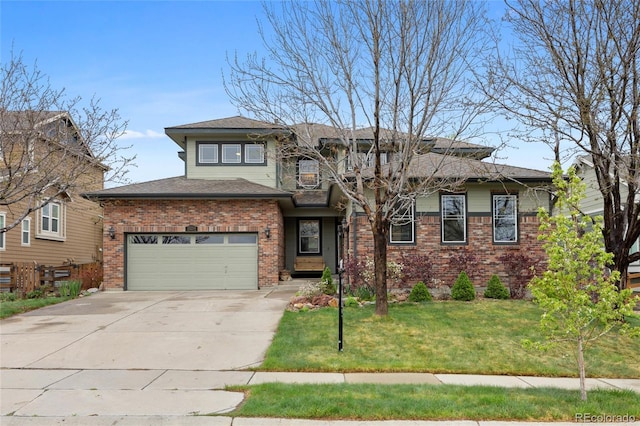prairie-style house featuring concrete driveway, brick siding, an attached garage, and a front lawn