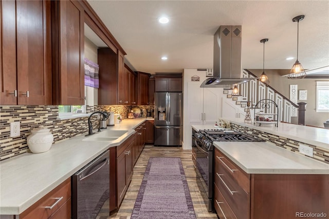 10640 W 46th Ave, Wheat Ridge, CO 80033 - kitchen featuring stainless steel refrigerator with ice dispenser, dishwasher, island range hood, decorative backsplash, and recessed lighting