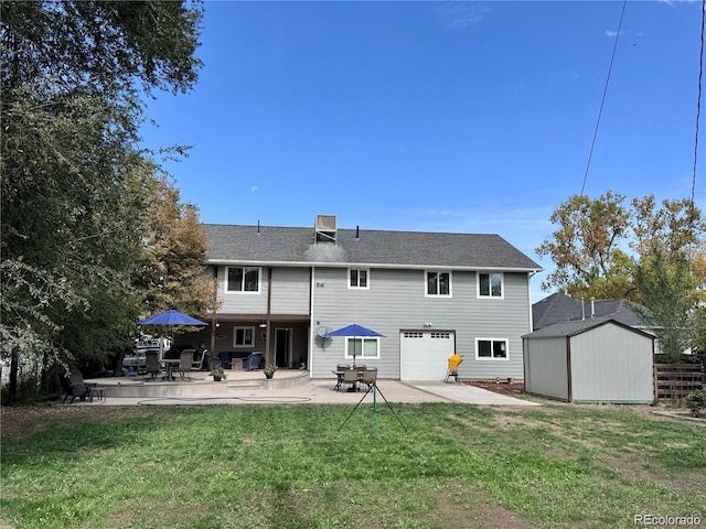 10640 W 46th Ave, Wheat Ridge, CO 80033 - back of property with a patio area, a storage unit, a garage, a lawn, and an outdoor structure