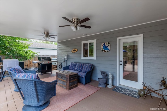 10640 W 46th Ave, Wheat Ridge, CO 80033 - view of patio / terrace with a deck, an outdoor living space, a ceiling fan, and area for grilling