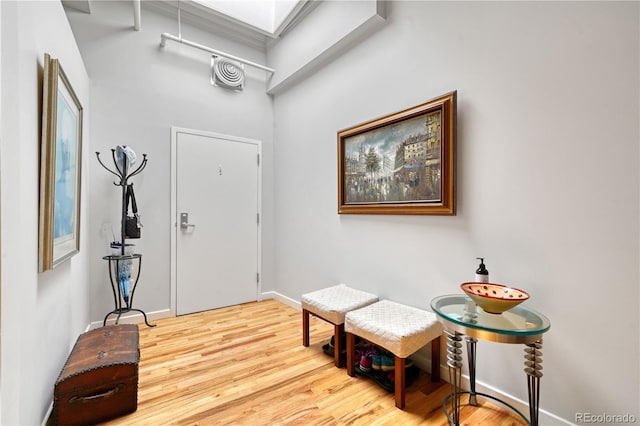 foyer entrance with hardwood / wood-style flooring and a skylight