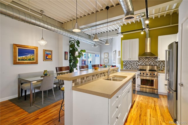 kitchen with wall chimney exhaust hood, white cabinetry, high quality appliances, and sink