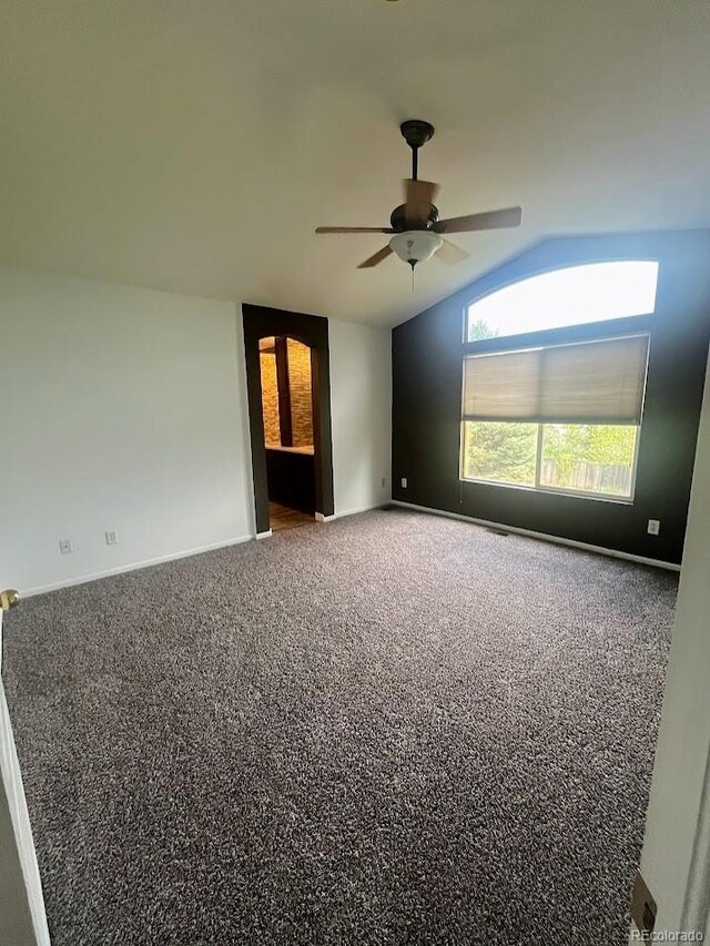 12742 Clermont St, Thornton, CO 80241 - carpeted empty room with ceiling fan, lofted ceiling, and baseboards