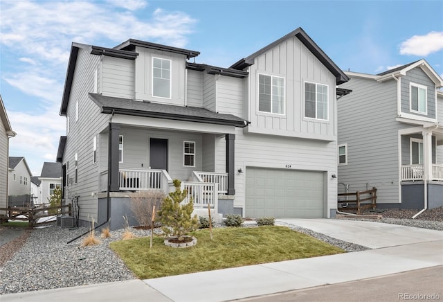 view of front facade featuring a porch, an attached garage, central AC unit, board and batten siding, and driveway