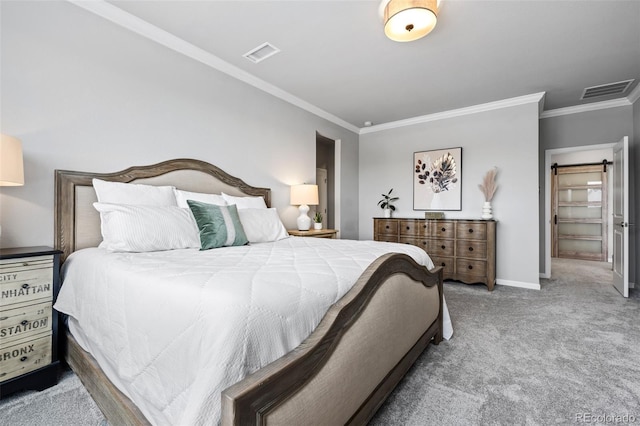 bedroom featuring crown molding and light carpet