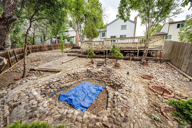 view of yard featuring a wooden deck and a fenced backyard