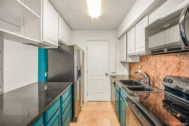 kitchen with blue cabinetry, electric range, and white cabinets