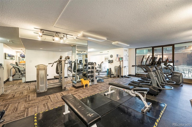 workout area featuring a wall of windows and a textured ceiling