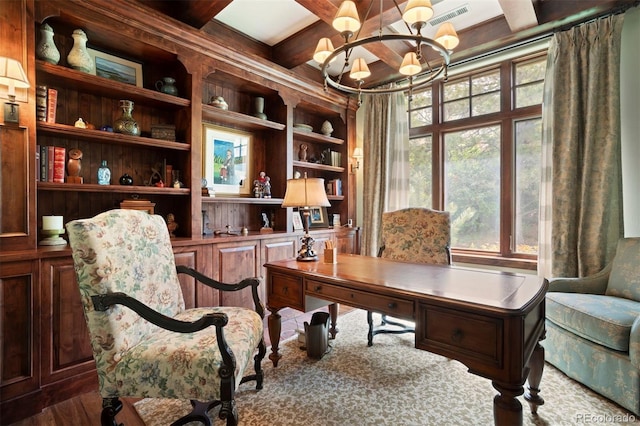 office featuring beam ceiling, built in features, coffered ceiling, and a notable chandelier