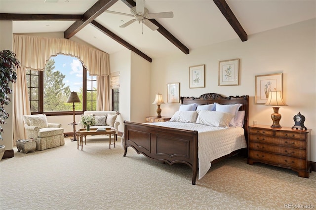 carpeted bedroom with vaulted ceiling with beams and ceiling fan