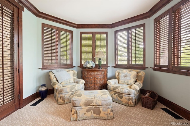 living area with carpet and ornamental molding