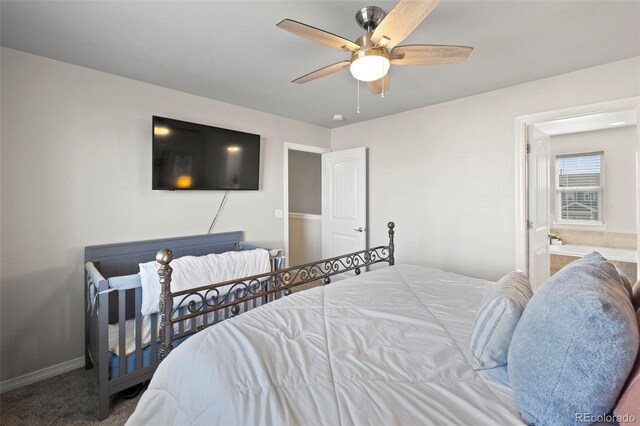 bedroom with ceiling fan and carpet