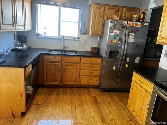 5129 Chandler Way, Denver, CO 80239 - kitchen featuring a sink, appliances with stainless steel finishes, light wood-style flooring, and dark countertops