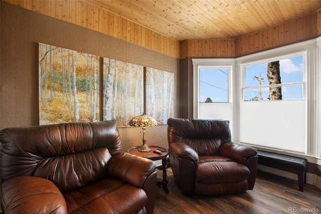 living area featuring dark wood-type flooring and wood ceiling